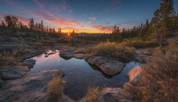 outdoors,sky,cloud,water,tree,blue sky,no humans,sunlight,cloudy sky,grass,nature,scenery,forest,reflection,sunset,rock,mountain,sun,river,evening,landscape,lake,gradient sky,orange sky,plant,road,twilight,reflective water