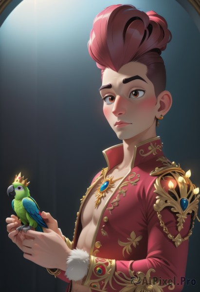 solo,blush,short hair,long sleeves,1boy,holding,brown eyes,jewelry,closed mouth,jacket,upper body,male focus,red hair,earrings,open clothes,necklace,lips,fingernails,fur trim,open shirt,bird,animal,piercing,crown,pectorals,black background,gem,red jacket,gold trim,mini crown,holding animal,hair slicked back,mohawk,bird on hand,animal on hand,brown hair,open jacket,ring,thick eyebrows