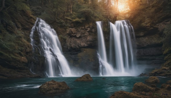 water, tree, no humans, nature, scenery, rock, light, waterfall, cave