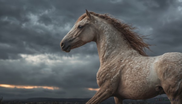 solo,outdoors,sky,cloud,from side,no humans,animal,cloudy sky,scenery,realistic,animal focus,horse,grey sky