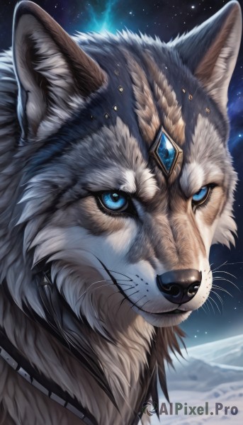 solo,looking at viewer,blue eyes,1boy,jewelry,closed mouth,male focus,outdoors,sky,signature,necklace,no humans,night,animal,gem,portrait,star (sky),night sky,furry,starry sky,animal focus,wolf,whiskers,aurora,artist name,close-up,realistic,space,planet