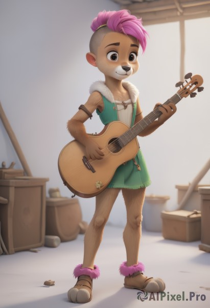 solo,blush,short hair,1boy,holding,animal ears,brown eyes,standing,full body,pink hair,male focus,multicolored hair,shoes,sleeveless,artist name,indoors,blurry,black eyes,vest,two-tone hair,fur trim,blurry background,looking down,green skirt,instrument,furry,fur collar,furry female,music,guitar,furry male,male child,body fur,undercut,playing instrument,holding instrument,animal nose,mohawk,1girl,smile,skirt,bare shoulders,tail,watermark,armlet,asymmetrical hair,very short hair,dirty,open vest,brown fur,two-tone fur