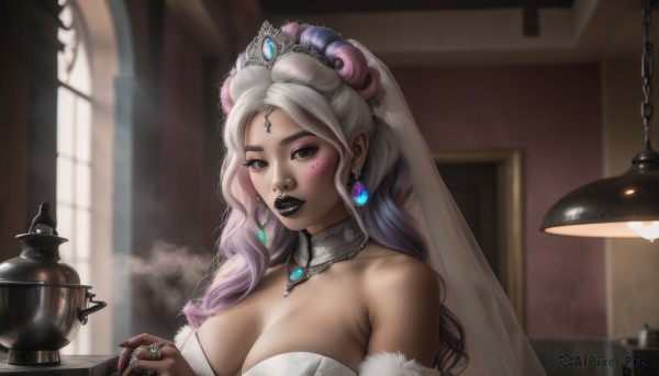 1girl,solo,long hair,breasts,looking at viewer,large breasts,hair ornament,dress,holding,cleavage,bare shoulders,brown eyes,jewelry,upper body,ponytail,pink hair,purple hair,white hair,grey hair,multicolored hair,earrings,parted lips,choker,indoors,dark skin,necklace,nail polish,white dress,mole,blurry,two-tone hair,dark-skinned female,lips,grey eyes,mole under eye,strapless,gradient hair,makeup,detached collar,depth of field,blurry background,ring,tiara,lipstick,gem,veil,strapless dress,eyeshadow,smoke,wedding dress,lamp,bridal veil,black lips,ornate ring,artist name,fingernails,window,chain,piercing,freckles,realistic,mascara