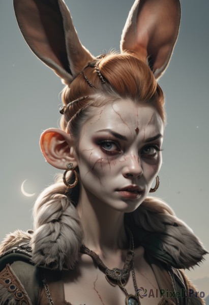 1girl,solo,breasts,looking at viewer,blue eyes,blonde hair,brown hair,animal ears,cleavage,jewelry,medium breasts,closed mouth,collarbone,upper body,earrings,necklace,rabbit ears,lips,grey eyes,fur trim,eyelashes,makeup,scar,facial mark,portrait,scar on face,forehead,hoop earrings,realistic,nose,long hair,braid,pointy ears,single braid,moon,rabbit girl,crescent moon