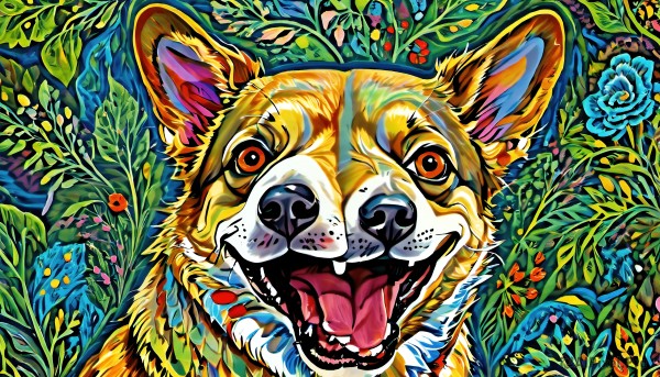 HQ,solo,looking at viewer,open mouth,flower,teeth,tongue,tongue out,orange eyes,no humans,animal,leaf,fangs,traditional media,bug,plant,portrait,nature,blue flower,yellow flower,animal focus,whiskers,tiger,orange fur,ladybug,red flower,new year,dog,chinese zodiac,vines,shiba inu,year of the dog