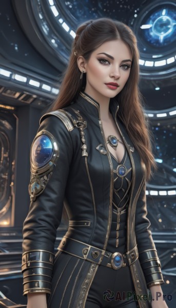 1girl,solo,long hair,breasts,looking at viewer,brown hair,long sleeves,cleavage,brown eyes,jewelry,medium breasts,closed mouth,standing,cowboy shot,earrings,belt,pants,indoors,necklace,lips,coat,bodysuit,makeup,black pants,lipstick,gem,pendant,half updo,science fiction,realistic,nose,arms at sides,red lips,eyeliner,space,planet,holding,weapon,artist name