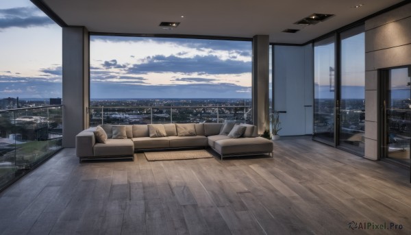 sky,cloud,indoors,blue sky,no humans,window,ocean,chair,table,cloudy sky,plant,building,scenery,couch,wooden floor,city,horizon,potted plant,lamp,cityscape,on couch,cushion,skyscraper,skyline,day,pillow,reflection,railing,landscape,city lights,carpet,ceiling light