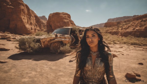 1girl,solo,long hair,breasts,looking at viewer,brown hair,black hair,brown eyes,jewelry,upper body,earrings,outdoors,parted lips,sky,day,dark skin,necklace,black eyes,dark-skinned female,tree,blue sky,lips,shadow,ground vehicle,scenery,motor vehicle,rock,mountain,realistic,sand,car,road,vehicle focus,very dark skin,desert