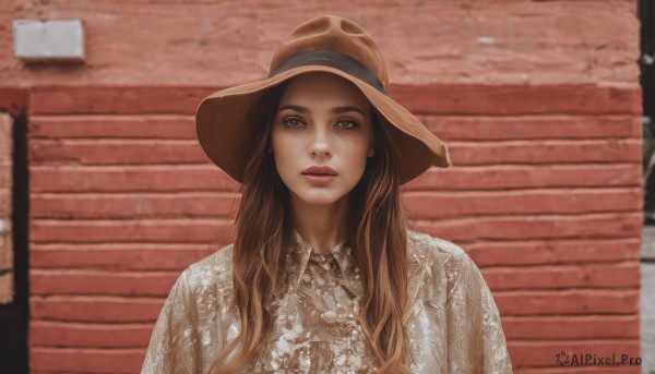 1girl,solo,long hair,looking at viewer,brown hair,shirt,hat,dress,brown eyes,white shirt,upper body,outdoors,parted lips,day,collared shirt,white dress,blurry,lips,freckles,sun hat,realistic,brown headwear,straw hat,red lips,brick wall,makeup