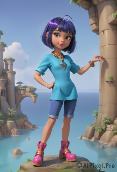 1girl,solo,breasts,looking at viewer,smile,short hair,bangs,shirt,black hair,brown eyes,jewelry,closed mouth,blue hair,standing,full body,purple hair,ahoge,short sleeves,earrings,small breasts,boots,outdoors,sky,shoes,shorts,day,artist name,cloud,dark skin,blunt bangs,water,necklace,nail polish,bracelet,dark-skinned female,tree,blue sky,lips,fingernails,hand on hip,makeup,ocean,watermark,bob cut,blue shirt,lipstick,gem,child,web address,pink nails,pendant,blue shorts,rock,pink lips,pink footwear,red lips,female child,bangle,hand up,plant,t-shirt,ankle boots