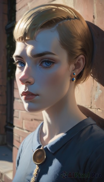 1girl,solo,looking at viewer,short hair,blue eyes,blonde hair,shirt,hat,jewelry,closed mouth,upper body,earrings,outdoors,lips,eyelashes,makeup,blue shirt,brooch,portrait,freckles,realistic,nose,red lips,brick wall,parted lips,mole,blurry,sunlight,stud earrings,wall