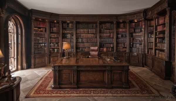 indoors,book,no humans,window,chair,table,sunlight,scenery,lantern,wooden floor,stairs,door,bookshelf,lamp,candle,shelf,book stack,library,ladder,carpet,quill,candlestand,rug,cabinet,globe,desk,chandelier