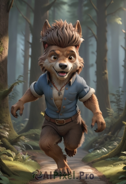 solo,looking at viewer,smile,open mouth,brown hair,shirt,1boy,animal ears,brown eyes,jewelry,tail,full body,short sleeves,male focus,outdoors,teeth,day,belt,pants,artist name,necklace,blurry,tree,blurry background,fangs,sunlight,grass,blue shirt,child,nature,claws,furry,forest,walking,running,furry male,male child,brown fur,path,standing,buttons,watermark,plant,web address,unbuttoned,brown belt,partially unbuttoned,snout,leather belt,werewolf