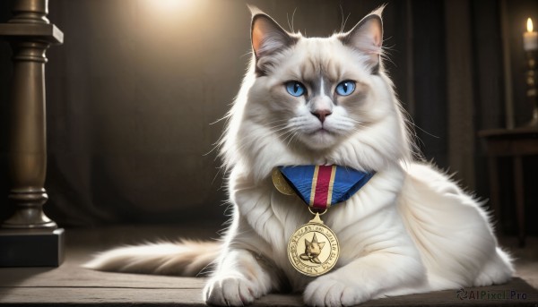 HQ,looking at viewer,blue eyes,indoors,book,no humans,animal,table,cat,realistic,candle,animal focus,white fur,white cat,solo,jewelry,sitting,closed mouth,necklace,blurry,blurry background,slit pupils,clothed animal