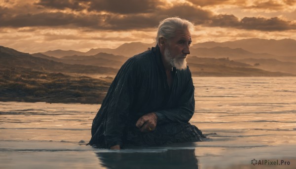 solo,long sleeves,1boy,sitting,white hair,male focus,outdoors,japanese clothes,sky,cloud,kimono,water,facial hair,scar,cloudy sky,beard,reflection,mountain,old,old man,river,mountainous horizon,lake,wrinkled skin,closed mouth,from side,profile,scenery,smoke,sunset,realistic