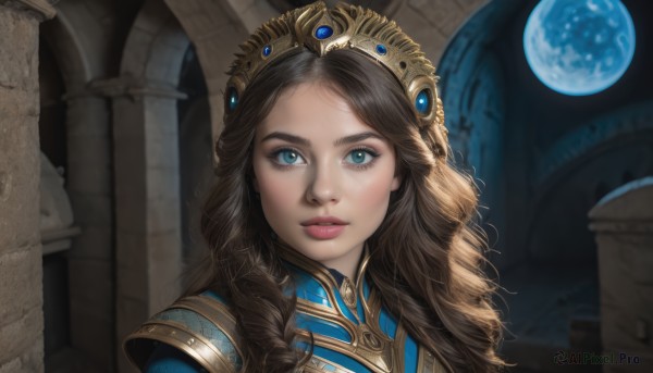 1girl,solo,long hair,looking at viewer,blue eyes,brown hair,closed mouth,upper body,indoors,armor,lips,eyelashes,makeup,moon,tiara,crown,gem,portrait,curly hair,realistic,nose,planet,pillar,column,bangs,parted lips,sky,teeth,blurry,parted bangs,night,scenery,full moon,freckles