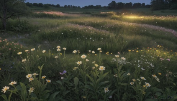 flower,outdoors,sky,tree,no humans,night,grass,white flower,nature,night sky,scenery,forest,yellow flower,purple flower,field,flower field,daisy,plant,landscape