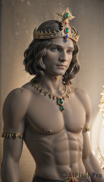 solo,looking at viewer,blue eyes,brown hair,black hair,1boy,navel,jewelry,closed mouth,nipples,upper body,male focus,artist name,dark skin,medium hair,necklace,stomach,lips,muscular,facial hair,piercing,abs,crown,pectorals,muscular male,gem,armlet,toned,topless male,realistic,arms at sides,nipple piercing,navel piercing,short hair