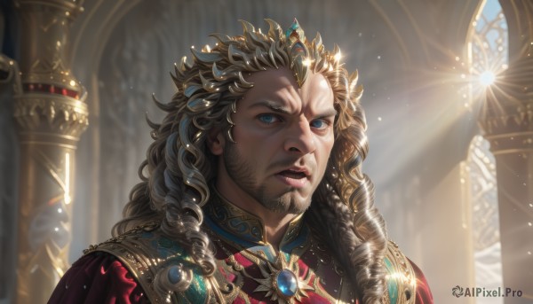 solo,long hair,looking at viewer,blue eyes,blonde hair,brown hair,1boy,jewelry,upper body,braid,male focus,multicolored hair,parted lips,teeth,artist name,indoors,blurry,lips,blurry background,facial hair,sunlight,crown,gem,portrait,beard,curly hair,gold trim,light rays,realistic,mustache,pillar,arch,light