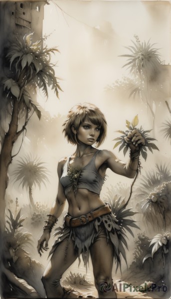 1girl,solo,breasts,short hair,brown hair,gloves,navel,bare shoulders,brown eyes,jewelry,standing,monochrome,small breasts,midriff,belt,pants,signature,bracelet,tree,lips,torn clothes,leaf,abs,tank top,plant,nature,realistic,palm tree,ruins,vines,sepia,dirty,blonde hair,flower,food,fruit