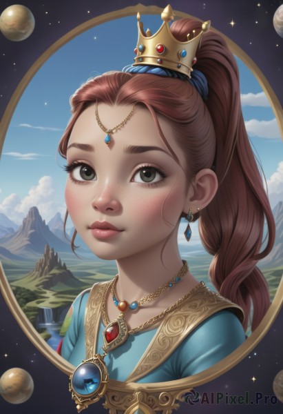 1girl,solo,long hair,looking at viewer,blush,smile,brown hair,hair ornament,dress,brown eyes,jewelry,closed mouth,upper body,ponytail,earrings,outdoors,sky,day,artist name,cloud,signature,necklace,blue sky,lips,eyelashes,makeup,blue dress,crown,high ponytail,blue shirt,gem,portrait,star (sky),forehead,pendant,starry sky,freckles,mountain,nose,hair tie,mini crown,planet,earth (planet),blue gemstone,mascara,black eyes,tree,watermark,realistic,princess