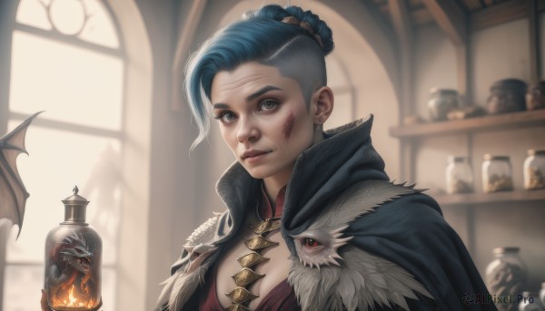 1girl,solo,breasts,looking at viewer,short hair,large breasts,cleavage,brown eyes,jewelry,medium breasts,blue hair,upper body,earrings,indoors,hair bun,cape,blurry,lips,grey eyes,fur trim,window,blood,blurry background,scar,single hair bun,bottle,fire,jar,red eyes,holding,braid,portrait,realistic