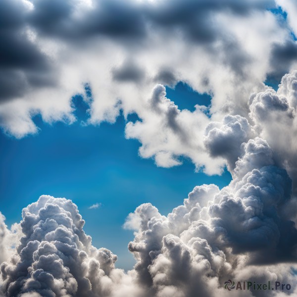 monochrome,outdoors,sky,day,cloud,blue sky,no humans,cloudy sky,scenery,blue theme,cumulonimbus cloud,blurry,depth of field,sunlight,above clouds