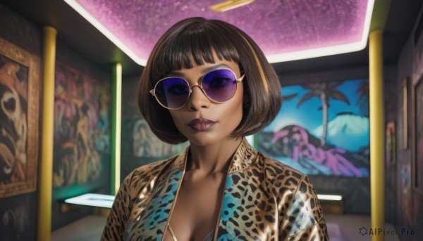 1girl,solo,breasts,looking at viewer,smile,short hair,bangs,brown hair,black hair,cleavage,medium breasts,jacket,upper body,multicolored hair,indoors,dark skin,blunt bangs,blurry,dark-skinned female,lips,streaked hair,makeup,blurry background,sunglasses,bob cut,lipstick,animal print,eyeshadow,nose,tinted eyewear,leopard print,purple-tinted eyewear,large breasts,red lips,purple lips