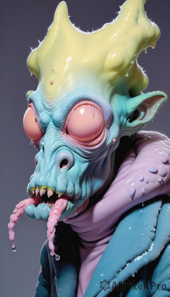 solo,open mouth,simple background,1boy,jacket,upper body,male focus,teeth,tongue,tongue out,grey background,wet,saliva,colored skin,sharp teeth,monster,blue skin,green skin,slime (substance),long tongue,alien,1girl,looking at viewer,pointy ears,artist name,no humans,turtleneck,portrait,bald,horror (theme)