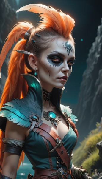 1girl,solo,long hair,breasts,looking at viewer,hair ornament,red eyes,gloves,cleavage,jewelry,medium breasts,upper body,ponytail,weapon,earrings,small breasts,parted lips,choker,belt,artist name,signature,necklace,orange hair,blurry,lips,orange eyes,eyelashes,tattoo,makeup,blurry background,facial mark,feathers,high ponytail,lipstick,brooch,gem,eyeshadow,nose,red lips,eyeliner,feather hair ornament,facepaint,facial tattoo,hair pulled back,mascara,armlet