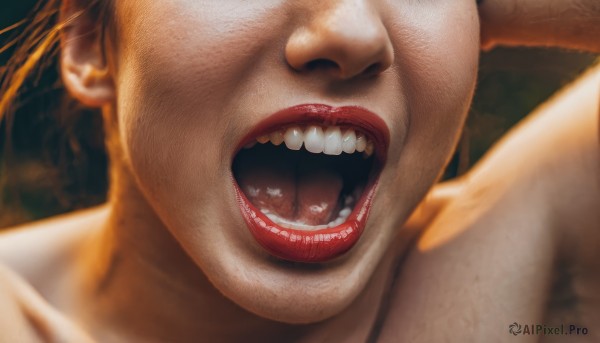 1girl,solo,open mouth,1boy,collarbone,male focus,teeth,tongue,blurry,lips,portrait,close-up,realistic,nose,orange hair,makeup,parody,lipstick,horror (theme),what