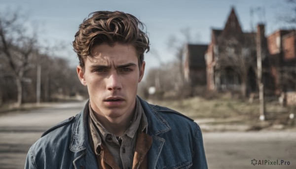 solo,looking at viewer,short hair,blue eyes,brown hair,shirt,1boy,jacket,upper body,male focus,outdoors,parted lips,day,collared shirt,blurry,tree,blurry background,denim,blue jacket,building,realistic,denim jacket,open clothes,sky,open jacket,depth of field,facial hair,portrait,brown jacket,stubble,road,leather,leather jacket