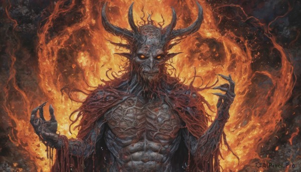 A dynamic view of a male in fiery dynamic scene