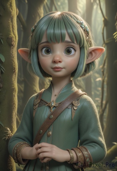 1girl,solo,looking at viewer,short hair,bangs,hair ornament,long sleeves,dress,brown eyes,jewelry,closed mouth,green eyes,upper body,braid,outdoors,green hair,day,pointy ears,blunt bangs,blurry,bracelet,tree,lips,buttons,blurry background,own hands together,elf,nature,androgynous,forest,freckles,green dress,realistic,nose,artist name,bag,watermark