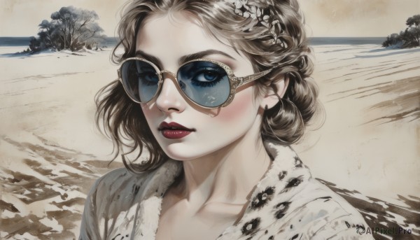 1girl,solo,looking at viewer,short hair,blue eyes,brown hair,shirt,hair ornament,jewelry,collarbone,upper body,earrings,outdoors,one eye closed,day,tree,lips,makeup,ocean,beach,sunglasses,lipstick,portrait,realistic,nose,sand,red lips,aviator sunglasses,blush,closed mouth,braid,sky,water,fur trim,eyelashes