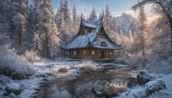 outdoors,sky,day,cloud,water,tree,blue sky,no humans,sunlight,building,nature,scenery,snow,forest,reflection,rock,mountain,architecture,house,winter,east asian architecture,bare tree,landscape,pine tree