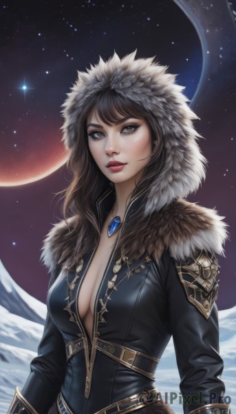 1girl,solo,long hair,breasts,looking at viewer,bangs,large breasts,brown hair,black hair,long sleeves,cleavage,brown eyes,jewelry,medium breasts,jacket,upper body,outdoors,parted lips,sky,belt,artist name,hood,necklace,lips,coat,grey eyes,fur trim,eyelashes,no bra,makeup,night,heterochromia,watermark,moon,lipstick,gem,star (sky),night sky,snow,pendant,hood up,starry sky,mountain,nose,center opening,red lips,parka,signature,bodysuit,realistic