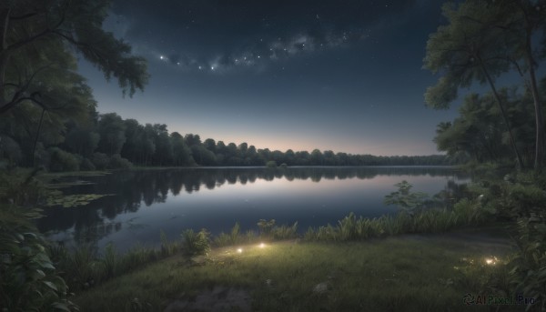 flower,outdoors,sky,cloud,water,tree,no humans,night,moon,grass,plant,star (sky),nature,night sky,scenery,forest,starry sky,reflection,river,lake,fireflies,reflective water,sunset,landscape