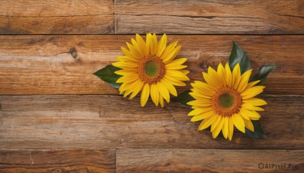 flower,outdoors,no humans,shadow,leaf,traditional media,scenery,yellow flower,sunflower,still life,wooden floor,wall,wooden table,wood