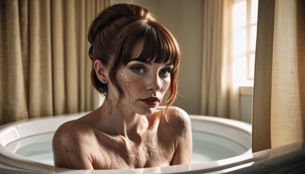 1girl,solo,looking at viewer,short hair,bangs,blue eyes,brown hair,jewelry,collarbone,upper body,nude,earrings,indoors,water,hair bun,lips,window,tattoo,makeup,scar,single hair bun,lipstick,curtains,partially submerged,freckles,realistic,red lips,stud earrings,bathing,bath,bathtub,parted lips,eyelashes,sunlight,backlighting,nose