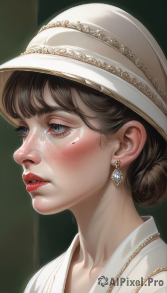 1girl,solo,blush,short hair,bangs,blue eyes,brown hair,hat,jewelry,collarbone,earrings,parted lips,necklace,hair bun,mole,lips,grey eyes,eyelashes,mole under eye,makeup,white headwear,looking away,single hair bun,lipstick,portrait,freckles,realistic,nose,red lips,mole on cheek,teeth,black eyes,from side,profile,black background,gem