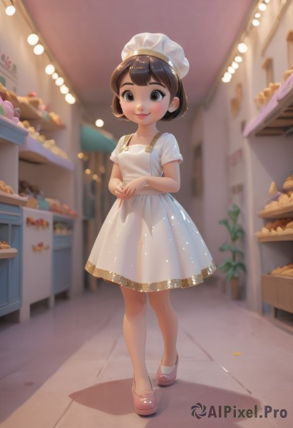 1girl,solo,looking at viewer,blush,smile,short hair,bangs,brown hair,black hair,hat,dress,brown eyes,jewelry,closed mouth,standing,full body,short sleeves,earrings,food,shoes,indoors,white dress,blurry,lips,see-through,loli,blurry background,white headwear,own hands together,child,shop,chef hat,shirt,white shirt,black eyes,apron,maid headdress,shadow,pink footwear,female child