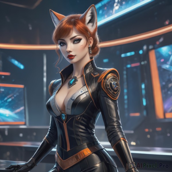 1girl,solo,breasts,looking at viewer,smile,short hair,large breasts,brown hair,gloves,animal ears,cleavage,brown eyes,jewelry,medium breasts,jacket,earrings,black gloves,belt,pants,cat ears,necklace,hair bun,mole,blurry,lips,fox ears,bodysuit,makeup,blurry background,fox tail,black pants,single hair bun,lipstick,gem,eyeshadow,freckles,red lips,eyeliner,bangs,closed mouth,standing,red hair,artist name,signature,orange hair,grey eyes,swept bangs,watermark,fox girl,web address,extra ears,realistic,black bodysuit