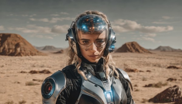 1girl,solo,long hair,looking at viewer,smile,blonde hair,brown hair,brown eyes,upper body,outdoors,sky,day,cloud,dark skin,armor,blurry,dark-skinned female,lips,bodysuit,helmet,science fiction,curly hair,mountain,realistic,power armor,desert,headgear,cloudy sky,portrait,headset,tinted eyewear,shoulder pads,cyborg