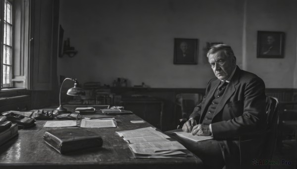 solo,short hair,shirt,long sleeves,1boy,sitting,closed mouth,jacket,monochrome,greyscale,male focus,necktie,indoors,book,window,facial hair,scar,chair,formal,table,suit,scar on face,desk,paper,realistic,lamp,computer,monitor,keyboard (computer),mouse (computer),office,holding,weapon,open clothes,vest,gun,handgun,watch,pen,photo (object),old,old man,painting (object),desk lamp,portrait (object),inkwell