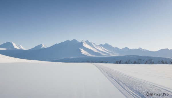 monochrome,outdoors,sky,day,tree,blue sky,no humans,grass,nature,scenery,snow,forest,blue theme,mountain,road,field,landscape,mountainous horizon,hill,winter,footprints