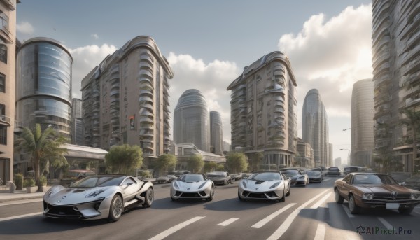 outdoors,sky,day,cloud,tree,blue sky,no humans,shadow,bird,cloudy sky,ground vehicle,building,scenery,motor vehicle,city,palm tree,car,road,vehicle focus,lamppost,street,skyscraper,traffic light,crosswalk,sunlight,cityscape,sports car,real world location