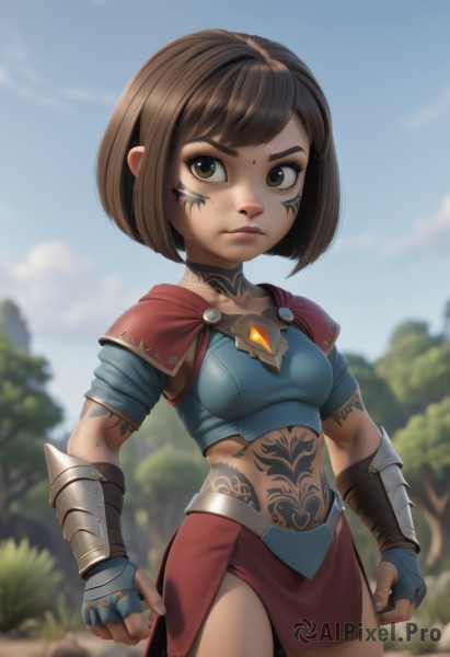 1girl,solo,breasts,looking at viewer,short hair,bangs,skirt,brown hair,gloves,navel,brown eyes,closed mouth,cowboy shot,small breasts,outdoors,sky,day,midriff,cloud,fingerless gloves,armor,blurry,tree,blue sky,lips,crop top,tattoo,blurry background,red skirt,facial mark,bob cut,thick eyebrows,shoulder armor,gauntlets,clenched hands,nose,facial tattoo,standing,collarbone,short sleeves,breastplate,arms at sides,blue gloves,facepaint,stomach tattoo