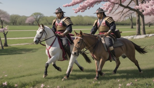 long sleeves,hat,closed mouth,weapon,flower,male focus,outdoors,japanese clothes,multiple boys,day,sword,2boys,armor,looking at another,tree,petals,animal,helmet,grass,cherry blossoms,shoulder armor,sheath,breastplate,riding,japanese armor,horse,horseback riding,reins,saddle,1girl,black hair,1boy,holding,sky,holding weapon,sash,facial hair,katana,scenery,sheathed,field,samurai,kabuto (helmet)