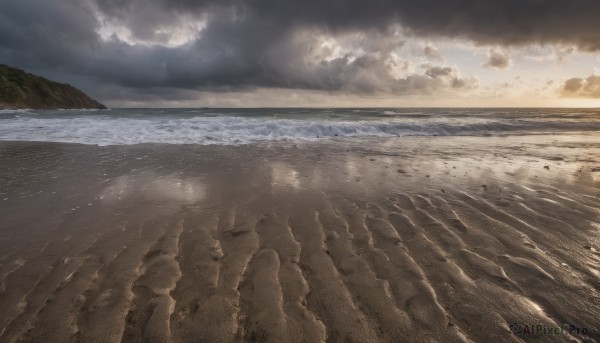 outdoors, sky, cloud, water, dutch angle, ocean, beach, cloudy sky, scenery, horizon